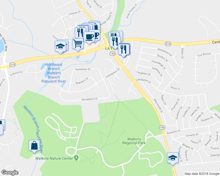 map of restaurants, bars, coffee shops, grocery stores, and more near 12215 Wimbleton Street in Upper Marlboro