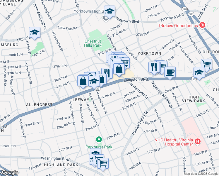map of restaurants, bars, coffee shops, grocery stores, and more near 5530 Langston Boulevard in Arlington