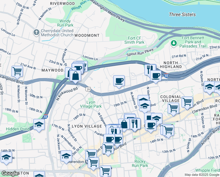 map of restaurants, bars, coffee shops, grocery stores, and more near 1925 North Calvert Street in Arlington