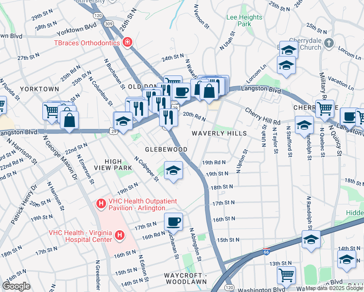 map of restaurants, bars, coffee shops, grocery stores, and more near 2027 North Glebe Road in Arlington