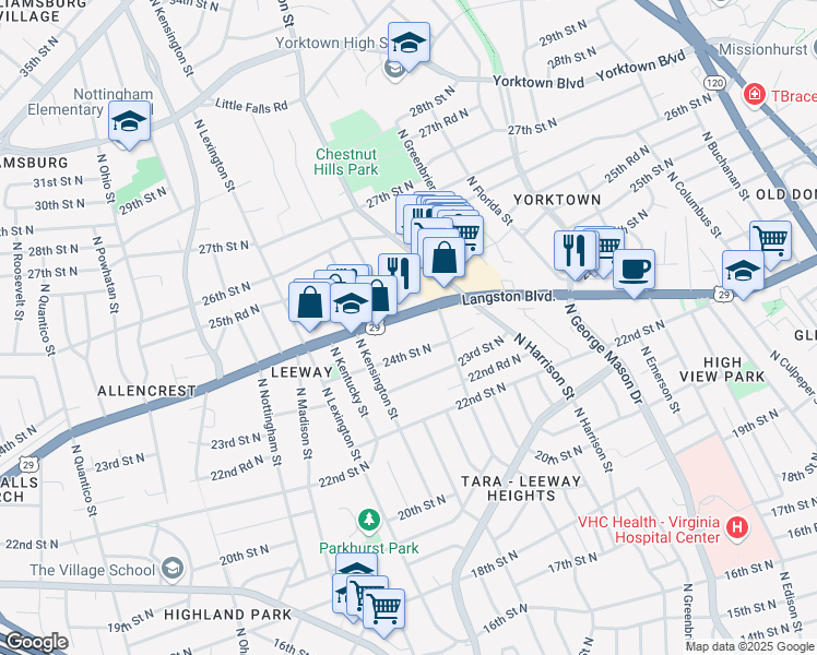 map of restaurants, bars, coffee shops, grocery stores, and more near 5546 Langston Boulevard in Arlington