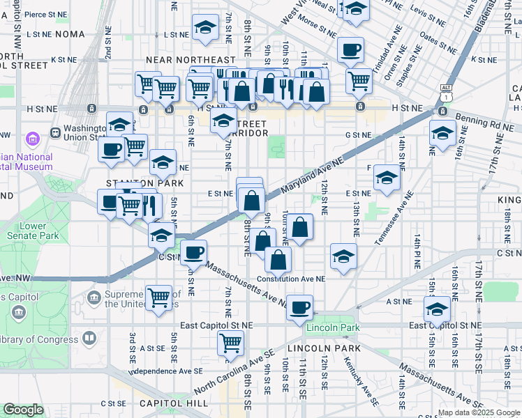 map of restaurants, bars, coffee shops, grocery stores, and more near 815 Maryland Avenue Northeast in Washington