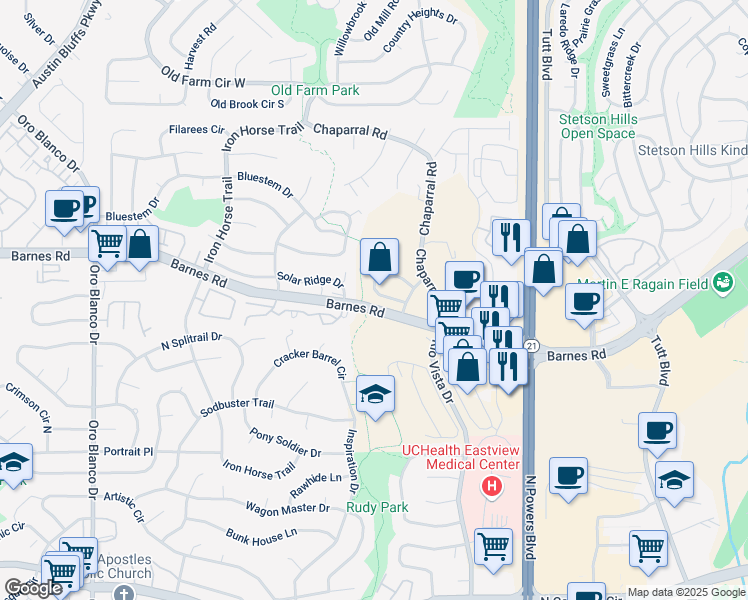 map of restaurants, bars, coffee shops, grocery stores, and more near 5457 Jennifer Lane in Colorado Springs