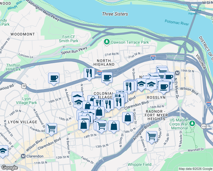 map of restaurants, bars, coffee shops, grocery stores, and more near 101 Independence Avenue Southeast in Washington