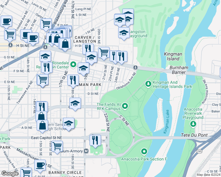 map of restaurants, bars, coffee shops, grocery stores, and more near 304 Oklahoma Avenue Northeast in Washington