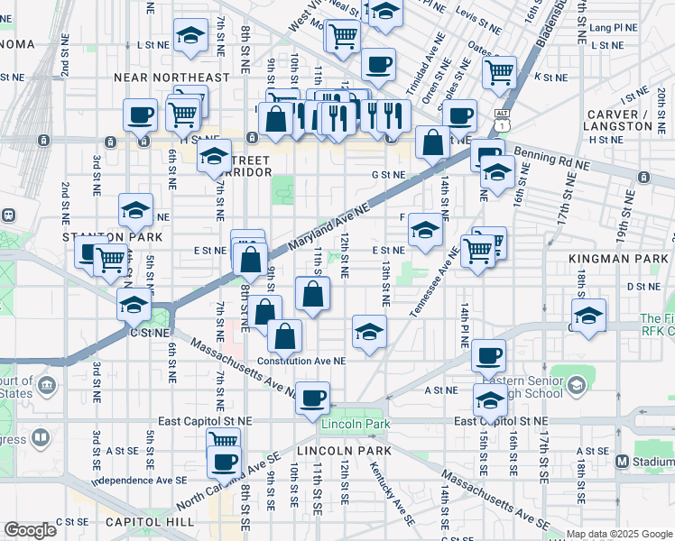 map of restaurants, bars, coffee shops, grocery stores, and more near 440 12th Street Northeast in Washington