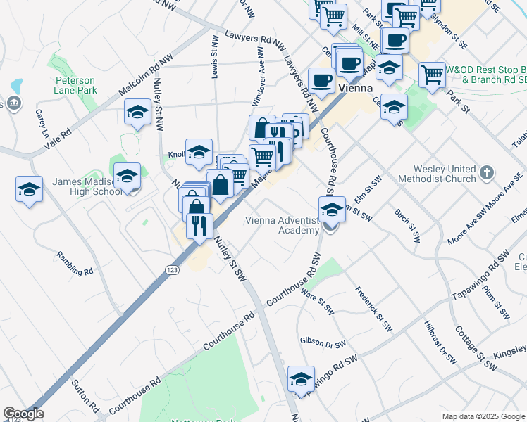 map of restaurants, bars, coffee shops, grocery stores, and more near 130 Liberty Lane Southwest in Vienna