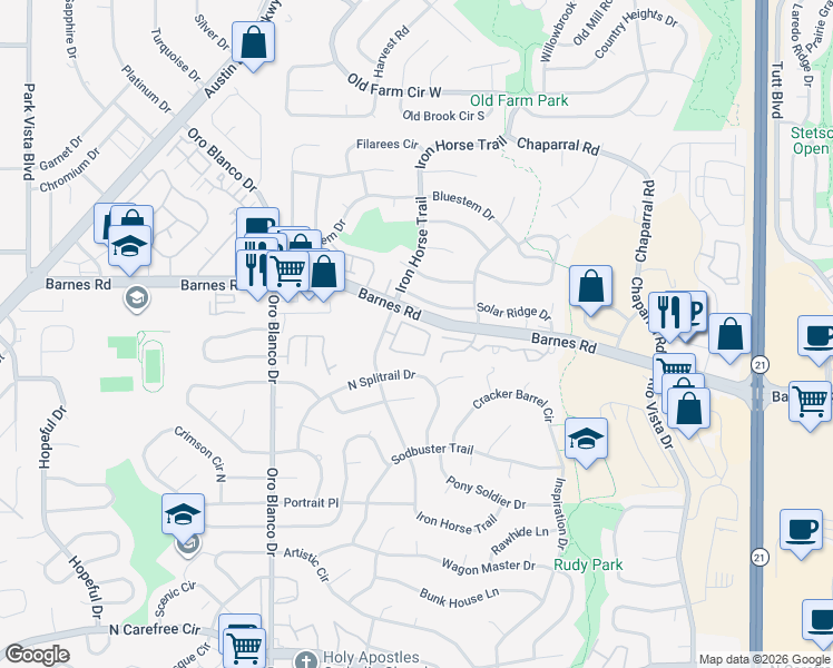 map of restaurants, bars, coffee shops, grocery stores, and more near 5121 Rainbow Harbour Circle in Colorado Springs