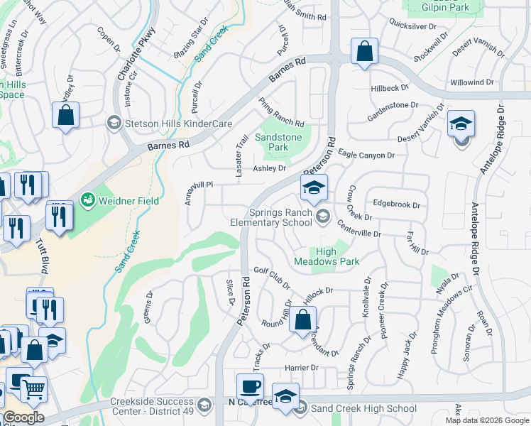 map of restaurants, bars, coffee shops, grocery stores, and more near 6924 Ash Creek Heights in Colorado Springs