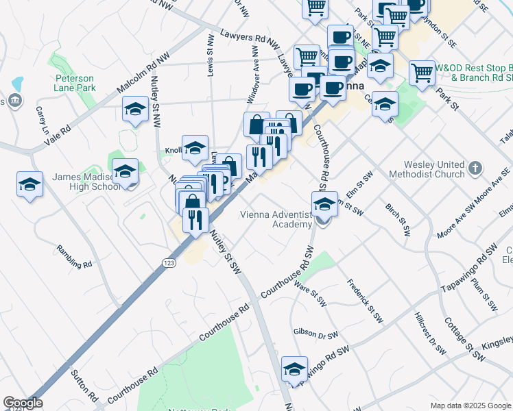 map of restaurants, bars, coffee shops, grocery stores, and more near 130 Liberty Lane Southwest in Vienna