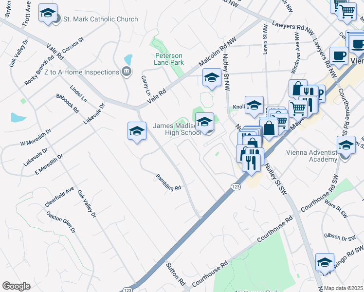 map of restaurants, bars, coffee shops, grocery stores, and more near 2409 Glengyle Drive in Vienna