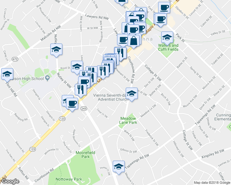 map of restaurants, bars, coffee shops, grocery stores, and more near 226 Glen Avenue Southwest in Vienna