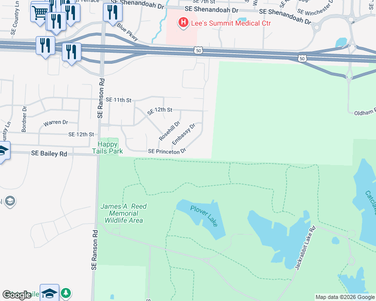 map of restaurants, bars, coffee shops, grocery stores, and more near 1261 Southeast Princeton Drive in Lee's Summit