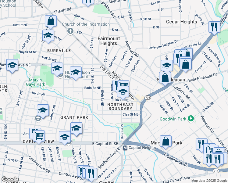 map of restaurants, bars, coffee shops, grocery stores, and more near 425 60th Street Northeast in Washington