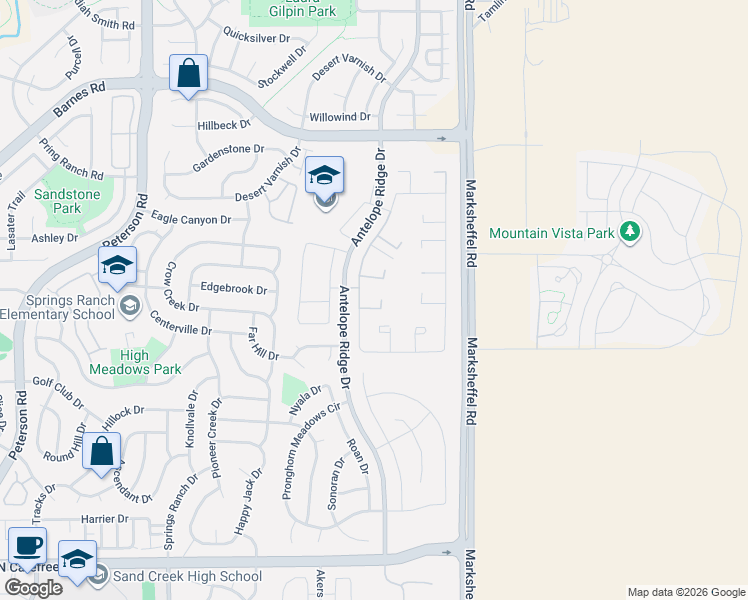 map of restaurants, bars, coffee shops, grocery stores, and more near 7679 Grizzly Bear Point in Colorado Springs