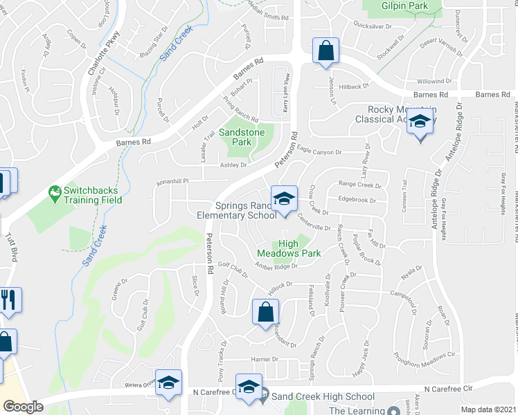 map of restaurants, bars, coffee shops, grocery stores, and more near 7144 Ash Creek Heights in Colorado Springs