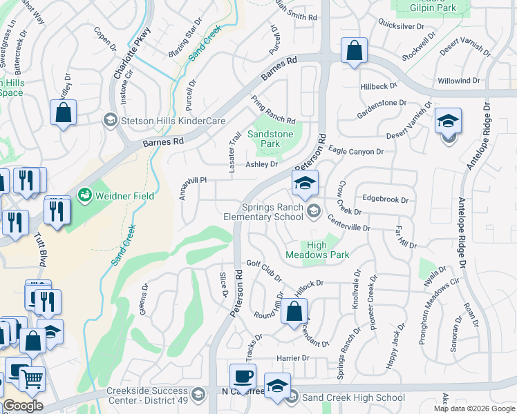 map of restaurants, bars, coffee shops, grocery stores, and more near 6924 Ash Creek Heights in Colorado Springs