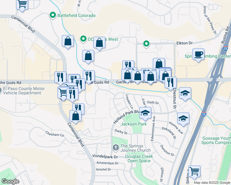map of restaurants, bars, coffee shops, grocery stores, and more near 4301 Forrest Hill Road in Colorado Springs