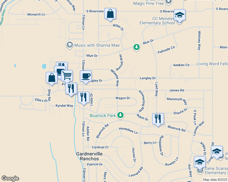 map of restaurants, bars, coffee shops, grocery stores, and more near 784 Wagon Drive in Gardnerville