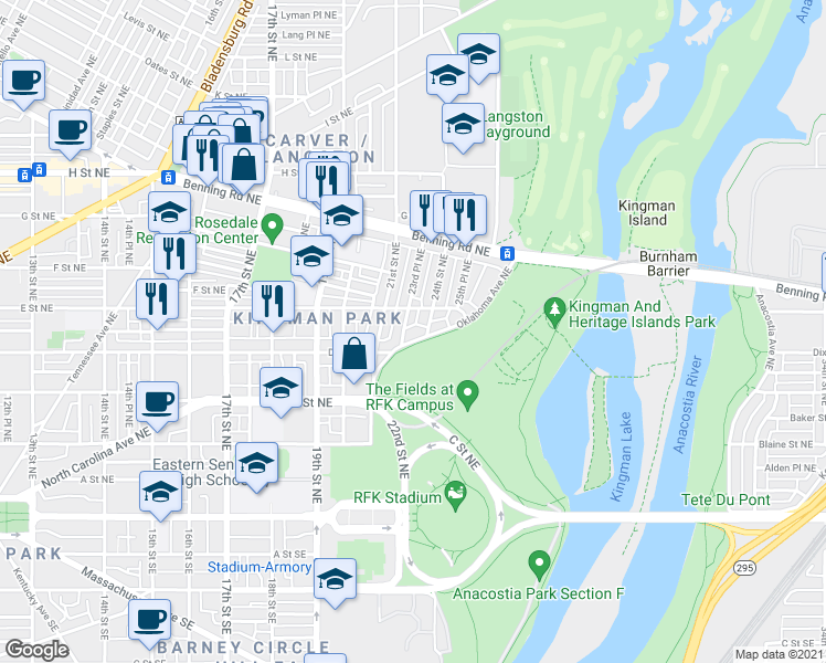 map of restaurants, bars, coffee shops, grocery stores, and more near 101 Independence Avenue Southeast in Washington
