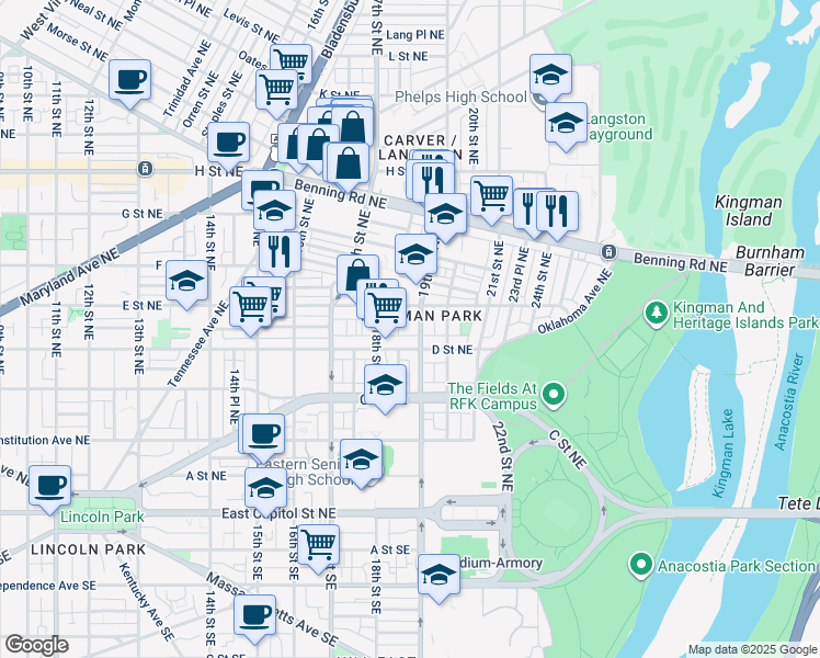 map of restaurants, bars, coffee shops, grocery stores, and more near 101 Independence Avenue Southeast in Washington