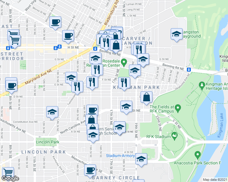 map of restaurants, bars, coffee shops, grocery stores, and more near 101 Independence Avenue Southeast in Washington