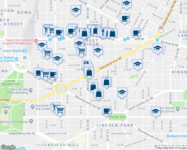 map of restaurants, bars, coffee shops, grocery stores, and more near 101 Independence Avenue Southeast in Washington