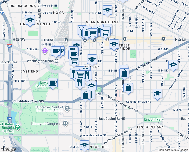 map of restaurants, bars, coffee shops, grocery stores, and more near 101 Independence Avenue Southeast in Washington