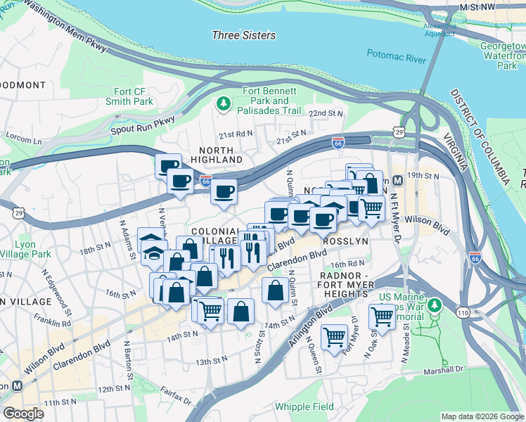 map of restaurants, bars, coffee shops, grocery stores, and more near 101 Independence Avenue Southeast in Washington