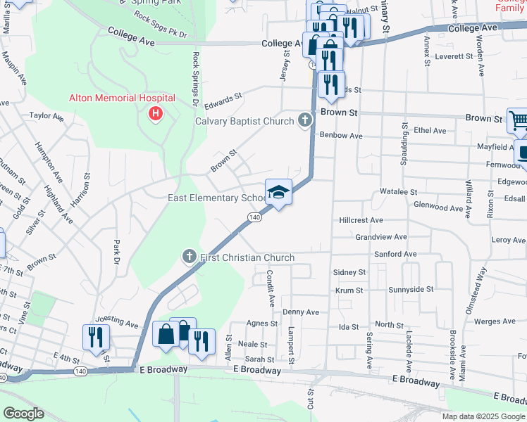 map of restaurants, bars, coffee shops, grocery stores, and more near 933 Washington Avenue in Alton