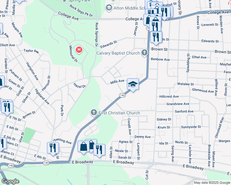 map of restaurants, bars, coffee shops, grocery stores, and more near 904 Washington Avenue in Alton