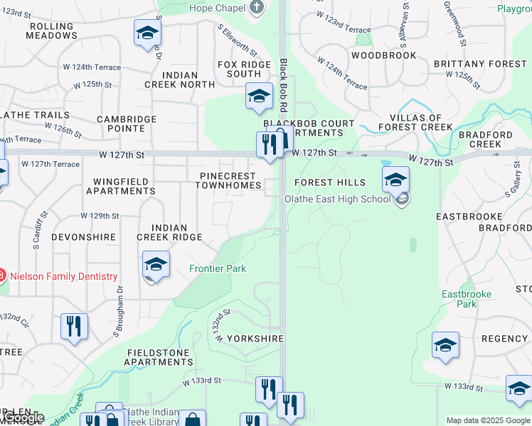 map of restaurants, bars, coffee shops, grocery stores, and more near 15804-15818 Indian Creek Pkwy in Olathe