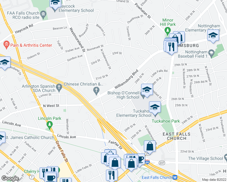 map of restaurants, bars, coffee shops, grocery stores, and more near 6718 Williamsburg Boulevard in Arlington
