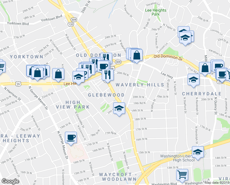 map of restaurants, bars, coffee shops, grocery stores, and more near 2027 North Glebe Road in Arlington