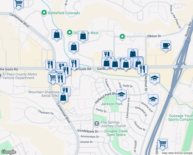 map of restaurants, bars, coffee shops, grocery stores, and more near 4301 Forrest Hill Road in Colorado Springs