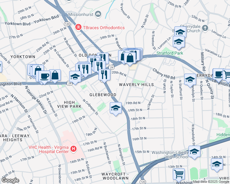 map of restaurants, bars, coffee shops, grocery stores, and more near 1922 North Woodley Street in Arlington