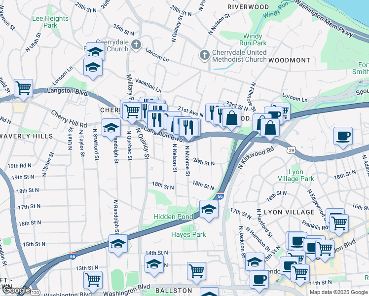 map of restaurants, bars, coffee shops, grocery stores, and more near 2022 North Monroe Street in Arlington