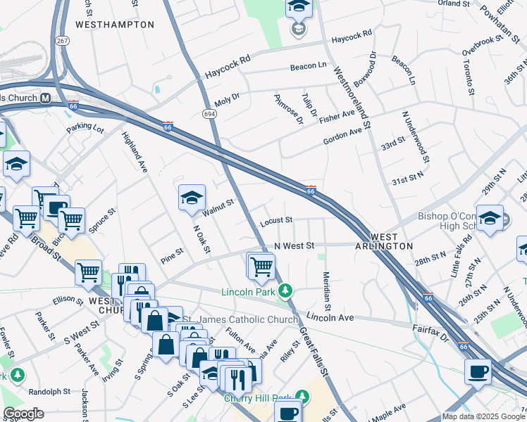 map of restaurants, bars, coffee shops, grocery stores, and more near 2334 Walnut Street in Falls Church