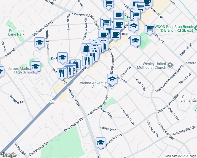 map of restaurants, bars, coffee shops, grocery stores, and more near 226 Glen Avenue Southwest in Vienna