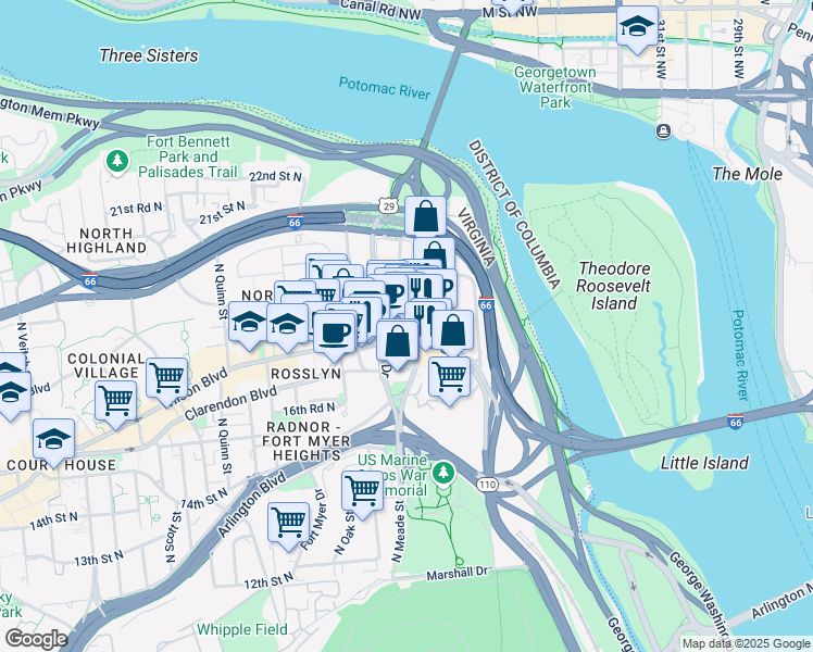 map of restaurants, bars, coffee shops, grocery stores, and more near 1201 Wilson Boulevard in Arlington