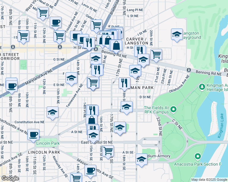 map of restaurants, bars, coffee shops, grocery stores, and more near 409 17th Street Northeast in Washington