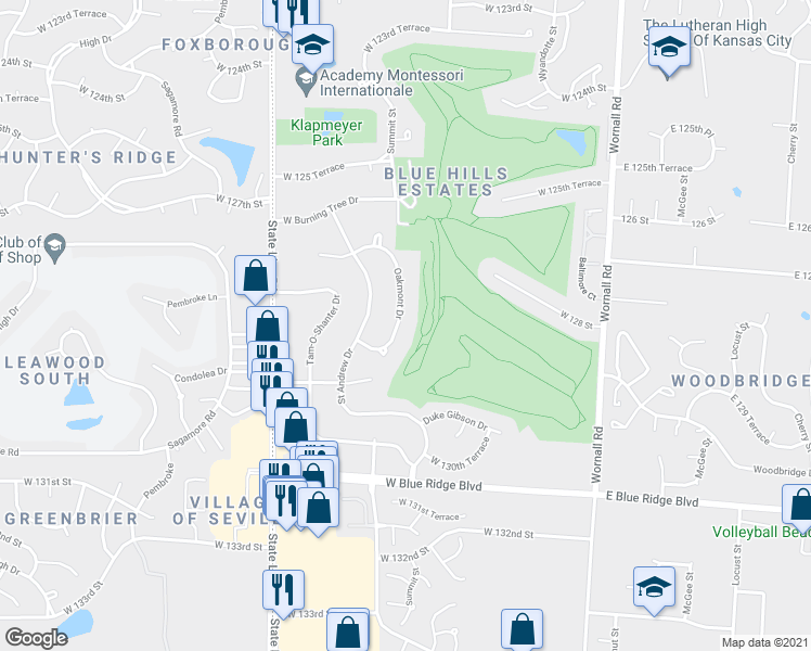 map of restaurants, bars, coffee shops, grocery stores, and more near 12801 Oakmont Drive in Kansas City