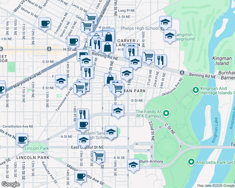map of restaurants, bars, coffee shops, grocery stores, and more near 101 Independence Avenue Southeast in Washington