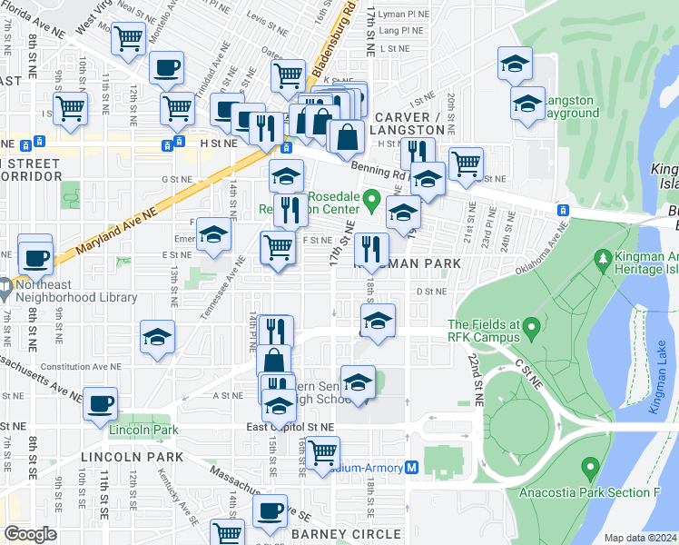 map of restaurants, bars, coffee shops, grocery stores, and more near 409 17th Street Northeast in Washington