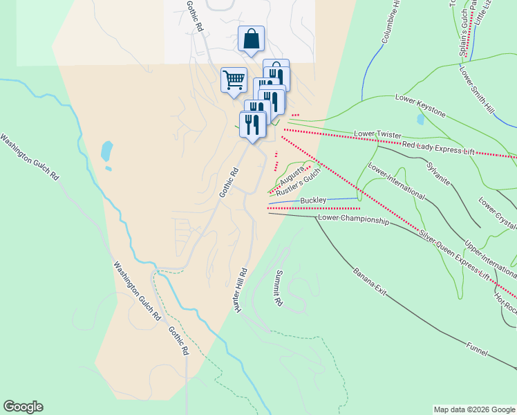 map of restaurants, bars, coffee shops, grocery stores, and more near 14 Hunter Hill Road in Crested Butte