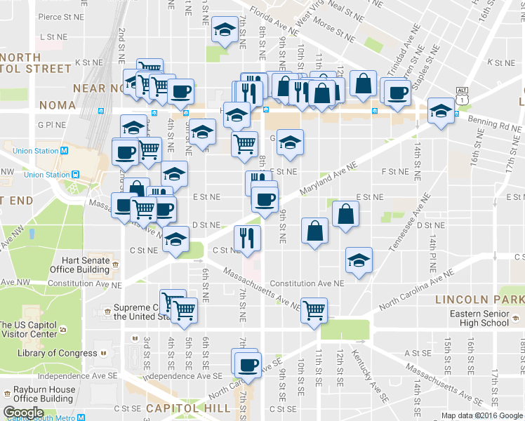 map of restaurants, bars, coffee shops, grocery stores, and more near Maryland Ave NE & 8th St NE in Washington