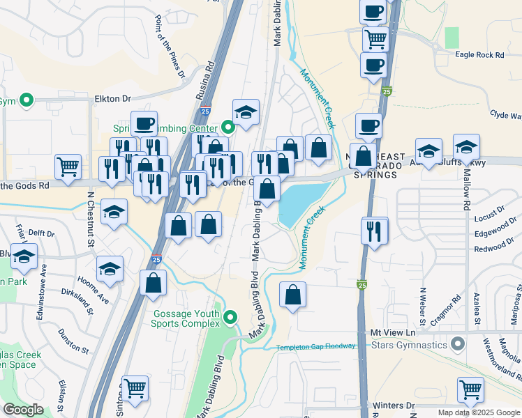 map of restaurants, bars, coffee shops, grocery stores, and more near 4420 Mark Dabling Boulevard in Colorado Springs