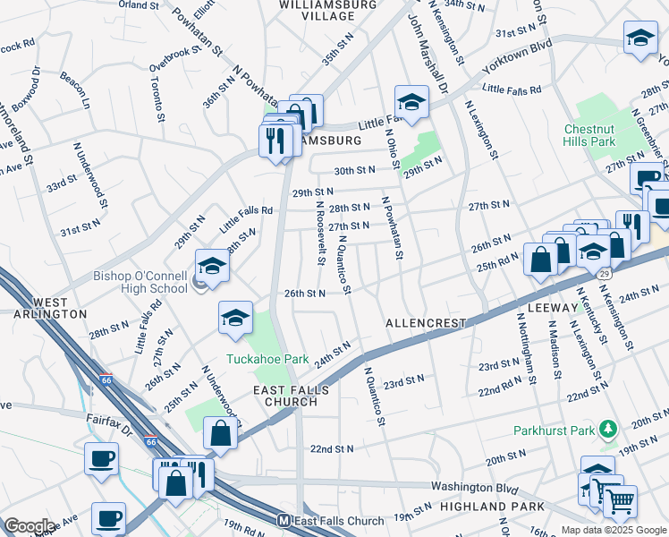 map of restaurants, bars, coffee shops, grocery stores, and more near 2622 North Quantico Street in Arlington