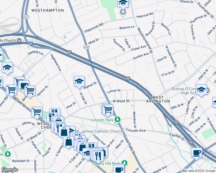 map of restaurants, bars, coffee shops, grocery stores, and more near 2334 Walnut Street in Falls Church