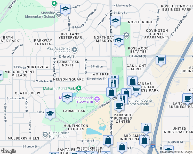 map of restaurants, bars, coffee shops, grocery stores, and more near 1101 East Northview Street in Olathe